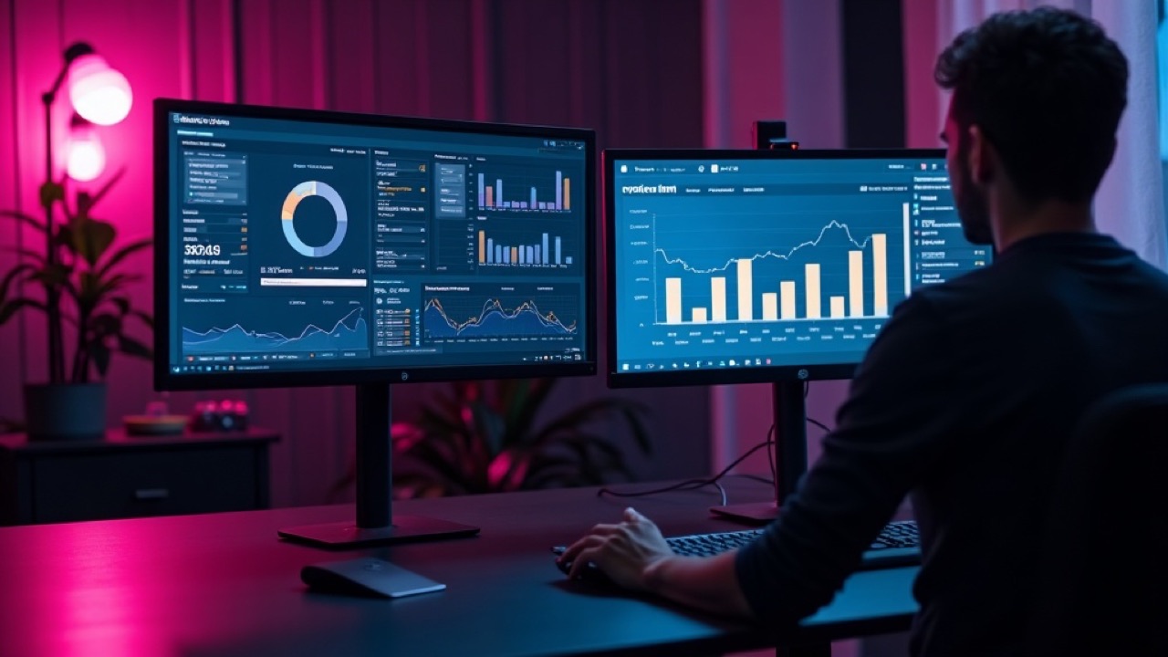 Mehrere Monitore mit Analytics-Dashboards in einem modernen Agentur-Büro