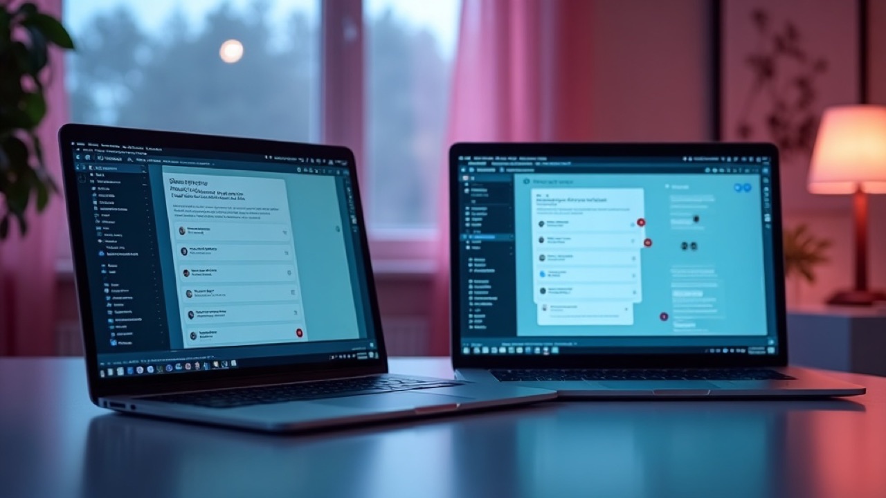 Zwei Laptops nebeneinander: links klassische Google-Suchergebnisse, rechts eine KI-Chat-Antwort